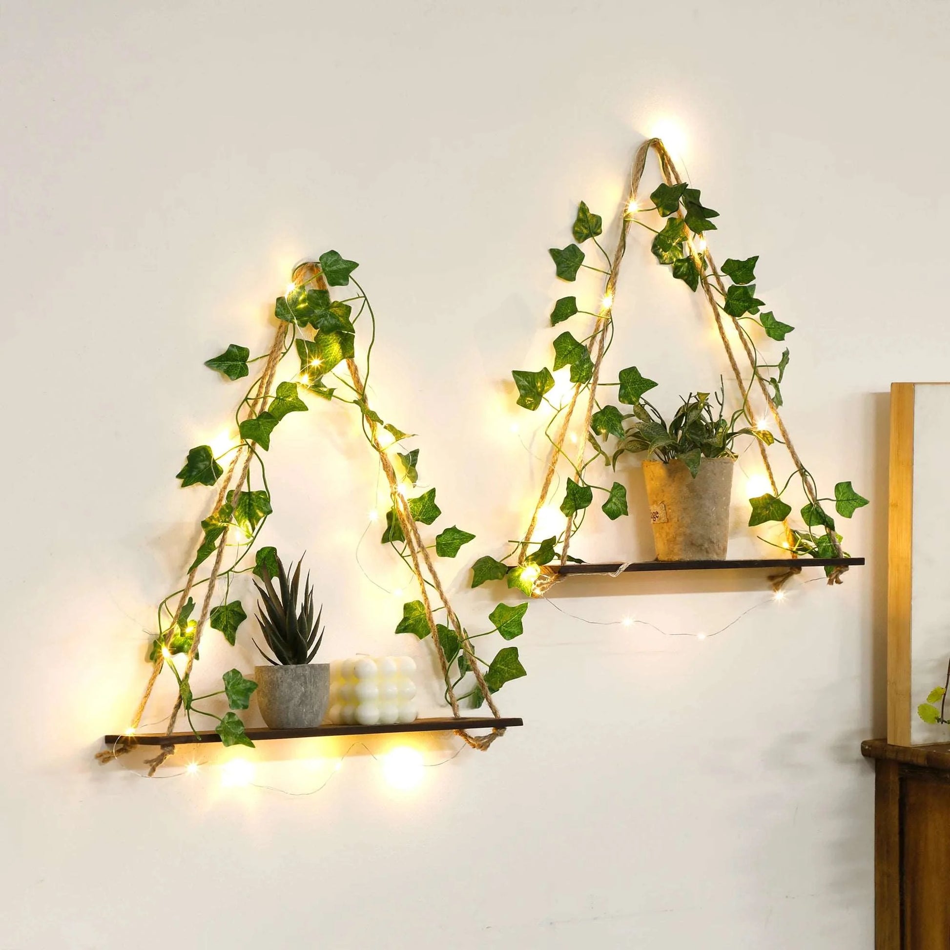 Wood Shelf with Leaf Hanging Decoration LED Shelf Decor Aesthetic Room Decor Floating Shelves Wall Display Stand for Living Room - NestFlora