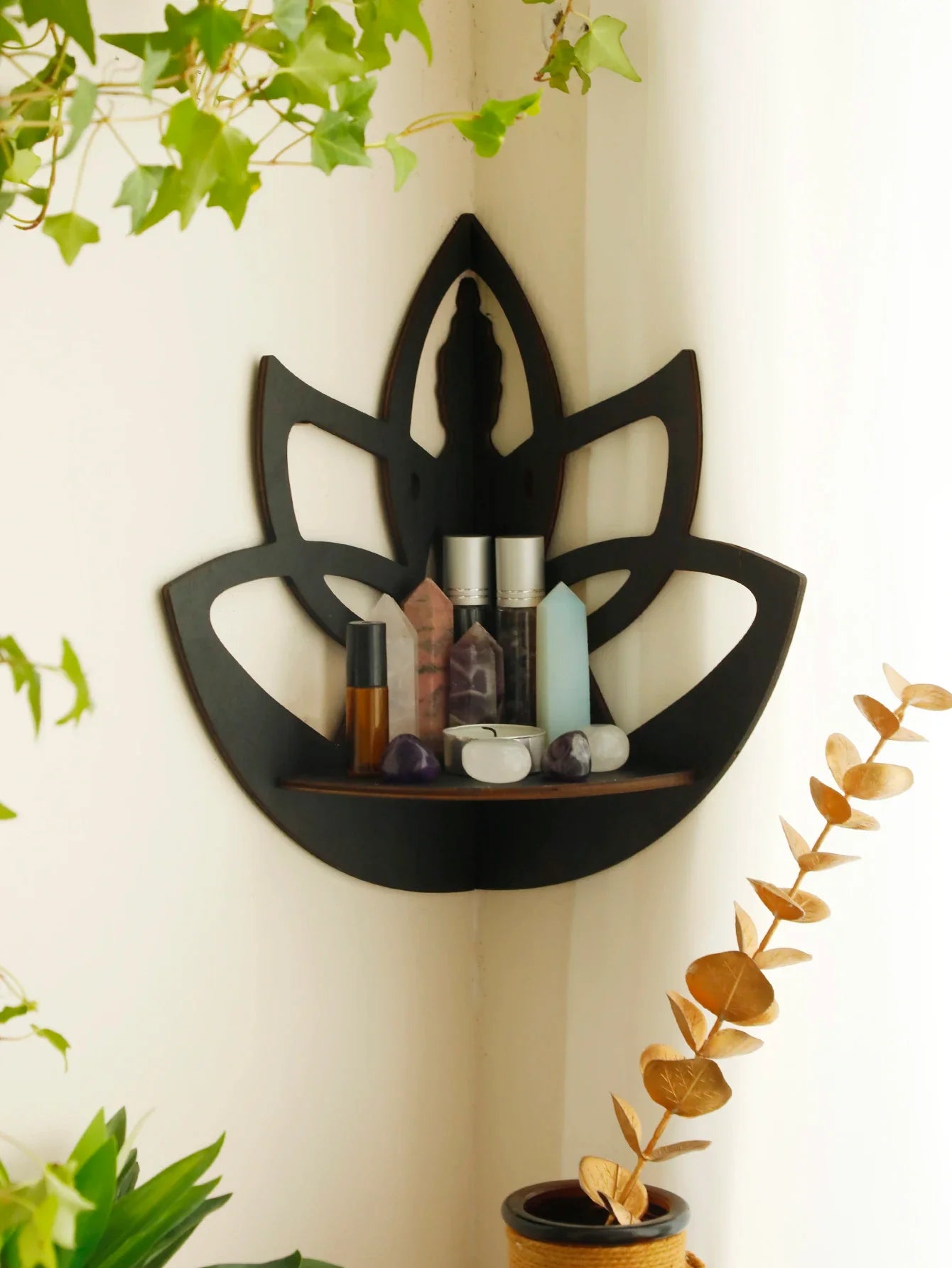 Lotus Crystal Corner Shelf Crystal Shelf Display Black Wooden Wall Shelves Essential Oil Shelf Witchy Decor Aesthetic Spiritual - NestFlora