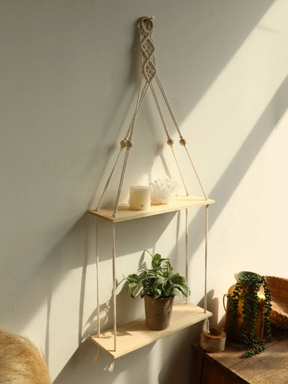 Wood Wall Shelf Macrame Floating Wall Shelf Hanging Shelves Plant Corner Holder Display Stand Room Decor Boho Home Decoration - NestFlora