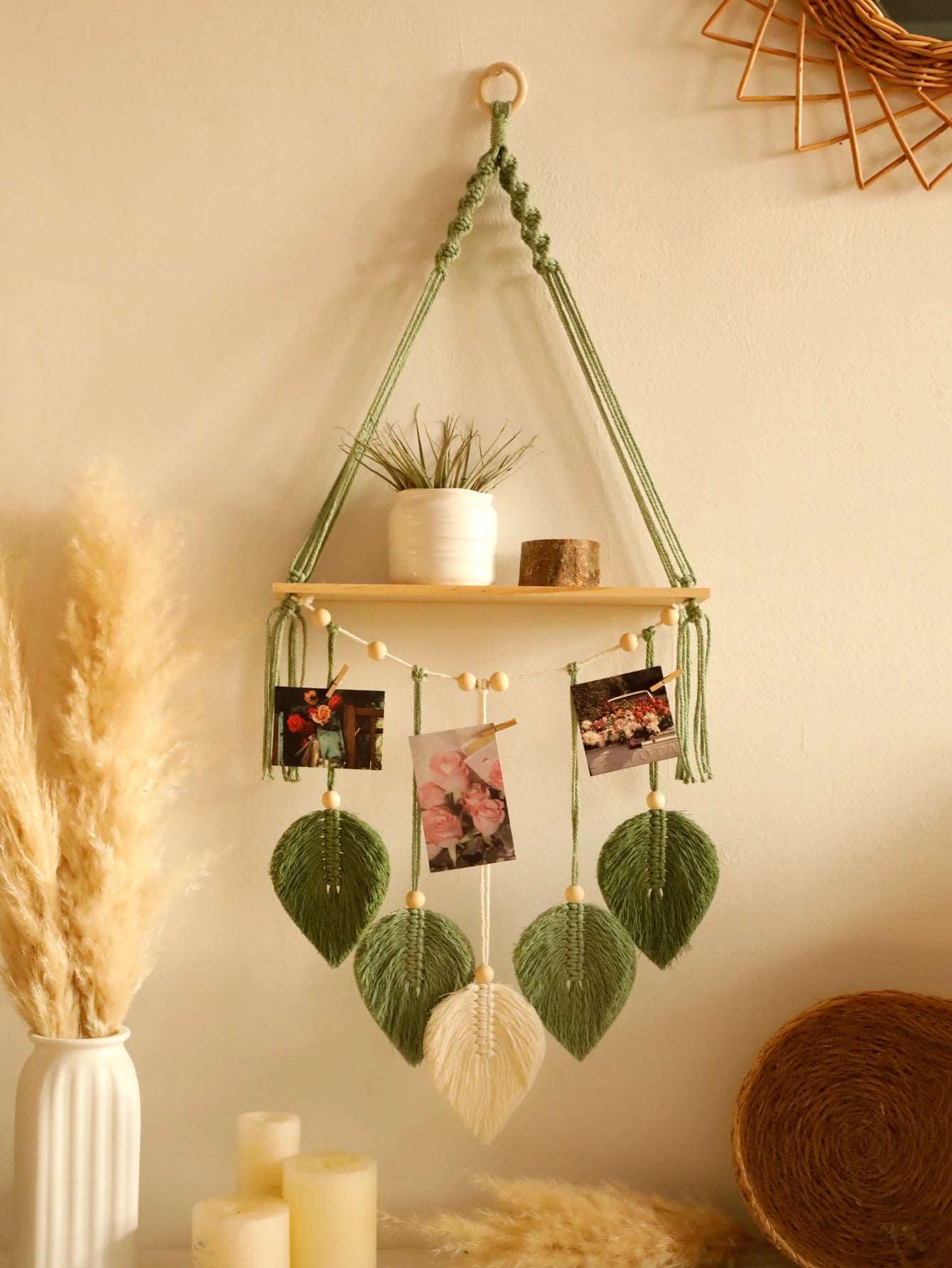 Leaf Macrame Floating Shelf Tapestry Art Hand Boho Home Decoration Wall Hanging Shelf for Bedroom Wall Decor Display Stand Gift - NestFlora