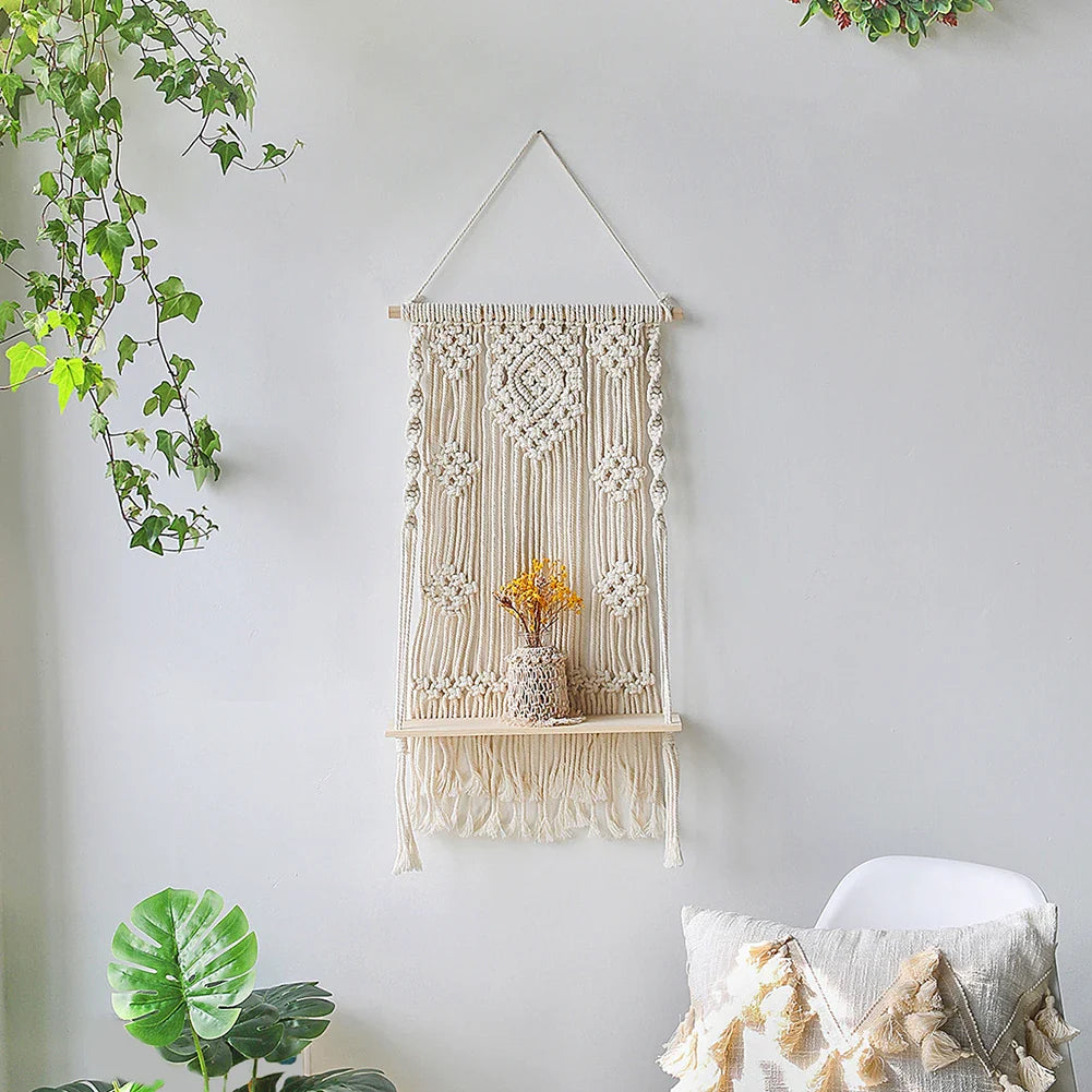 Macrame Wall Shelf Wood Floating Shelves Flower Pot Display Stand Hanging Wall Boho Home Decoration Living Room Decors Aesthetic - NestFlora