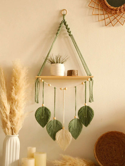 Leaf Macrame Floating Shelf Tapestry Art Hand Boho Home Decoration Wall Hanging Shelf for Bedroom Wall Decor Display Stand Gift - NestFlora