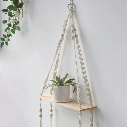 Wooden Wall Shelf Macrame Display Stand Boho Art Home Decoration Floating Shelf Nordic Wall Decor Living Room Nursery Aesthetics - NestFlora