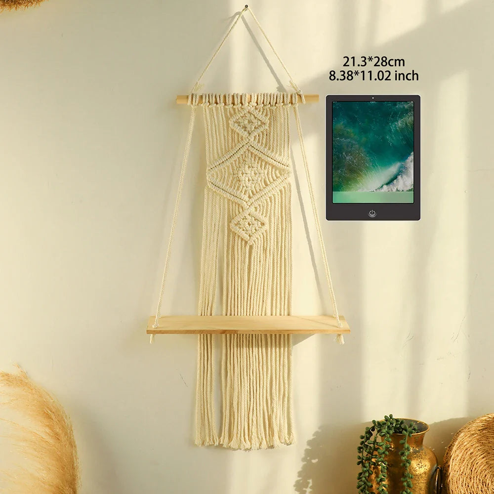 Macrame Wall Shelf Wood Floating Shelves Flower Pot Display Stand Hanging Wall Boho Home Decoration Living Room Decors Aesthetic - NestFlora