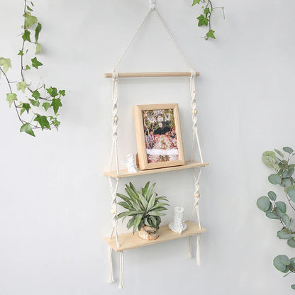 Wooden Wall Shelf Macrame Display Stand Boho Art Home Decoration Floating Shelf Nordic Wall Decor Living Room Nursery Aesthetics - NestFlora