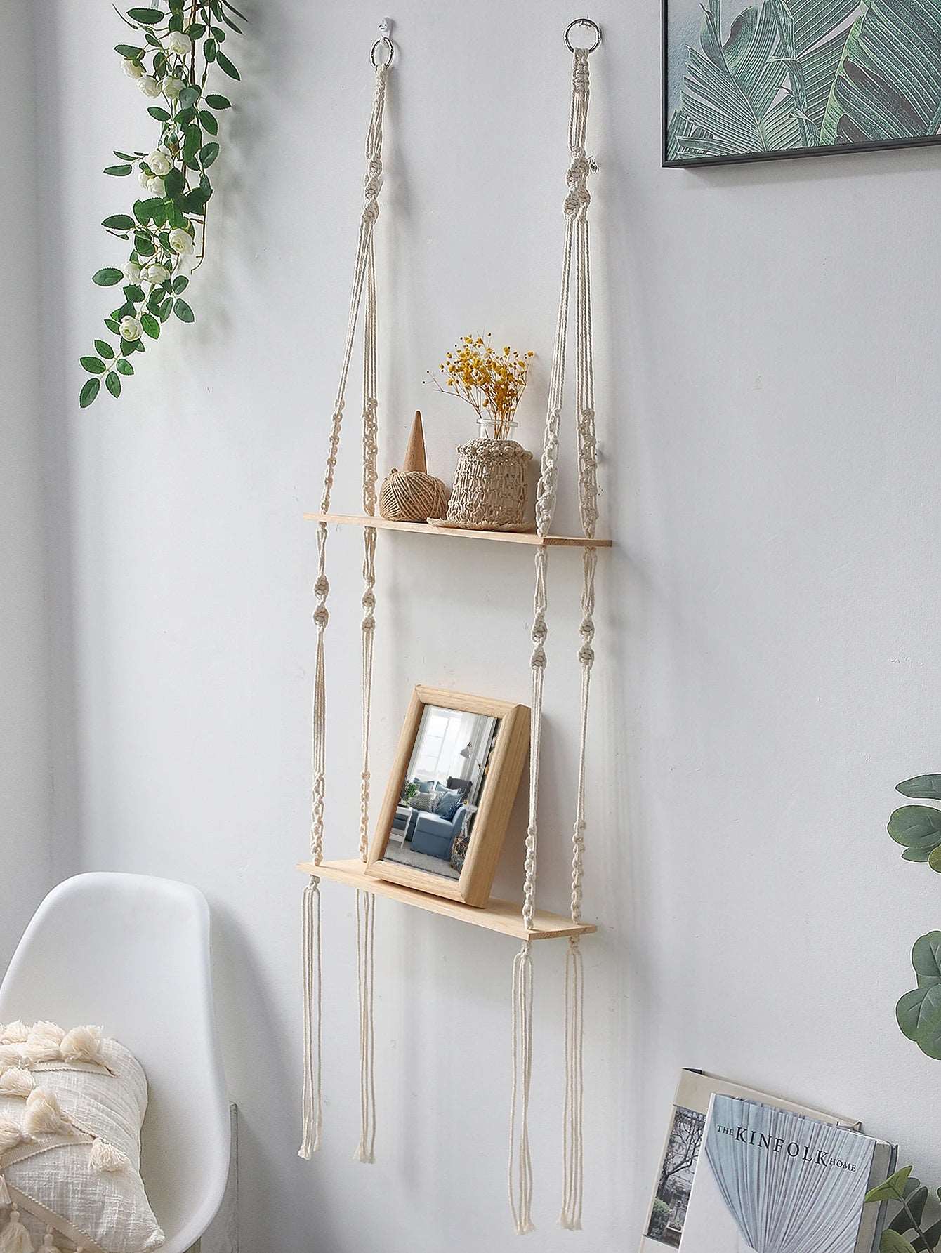 Wooden Wall Shelf Macrame Display Stand Boho Art Home Decoration Floating Shelf Nordic Wall Decor Living Room Nursery Aesthetics - NestFlora