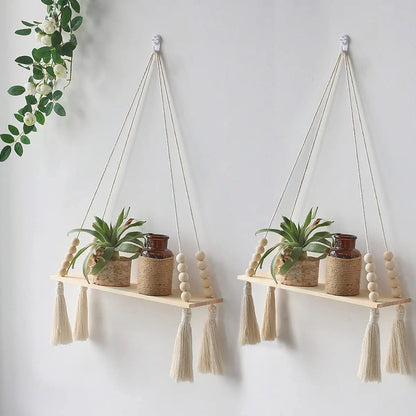 Wood Wall Shelf Macrame Floating Wall Shelf Hanging Shelves Plant Corner Holder Display Stand Room Decor Boho Home Decoration - NestFlora