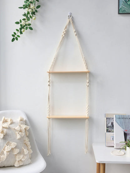 Wooden Wall Shelf Macrame Display Stand Boho Art Home Decoration Floating Shelf Nordic Wall Decor Living Room Nursery Aesthetics - NestFlora