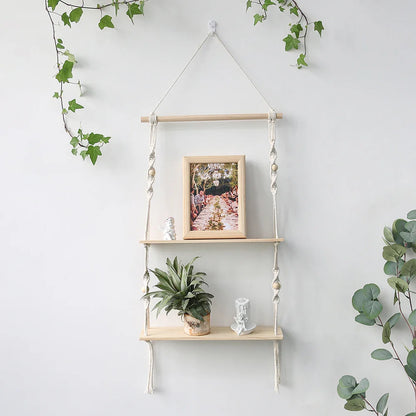 Wooden Wall Shelf Macrame Display Stand Boho Art Home Decoration Floating Shelf Nordic Wall Decor Living Room Nursery Aesthetics - NestFlora