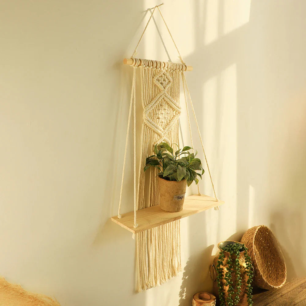 Macrame Wall Shelf Wood Floating Shelves Flower Pot Display Stand Hanging Wall Boho Home Decoration Living Room Decors Aesthetic - NestFlora