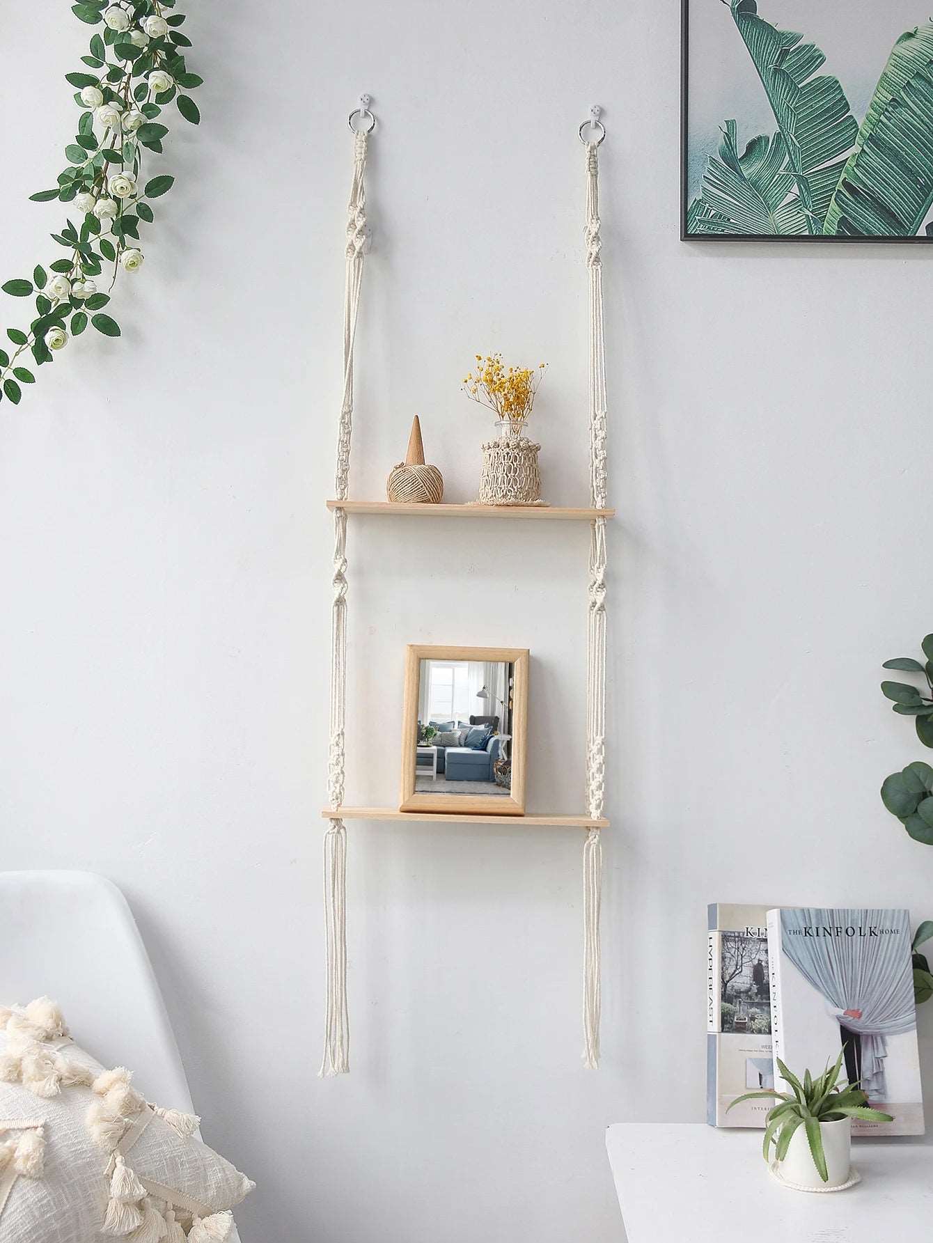 Wooden Wall Shelf Macrame Display Stand Boho Art Home Decoration Floating Shelf Nordic Wall Decor Living Room Nursery Aesthetics - NestFlora