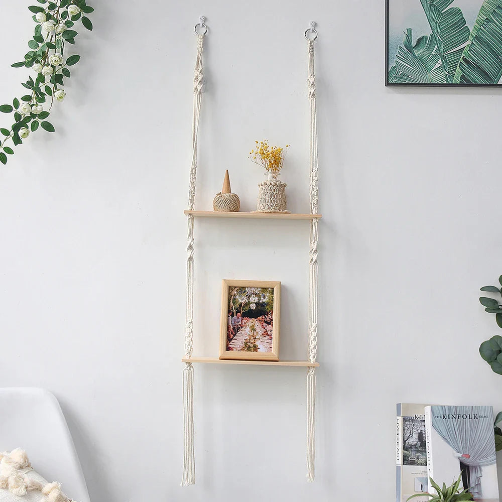 Wooden Wall Shelf Macrame Display Stand Boho Art Home Decoration Floating Shelf Nordic Wall Decor Living Room Nursery Aesthetics - NestFlora