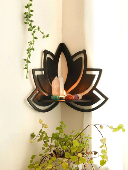 Lotus Crystal Corner Shelf Crystal Shelf Display Black Wooden Wall Shelves Essential Oil Shelf Witchy Decor Aesthetic Spiritual - NestFlora