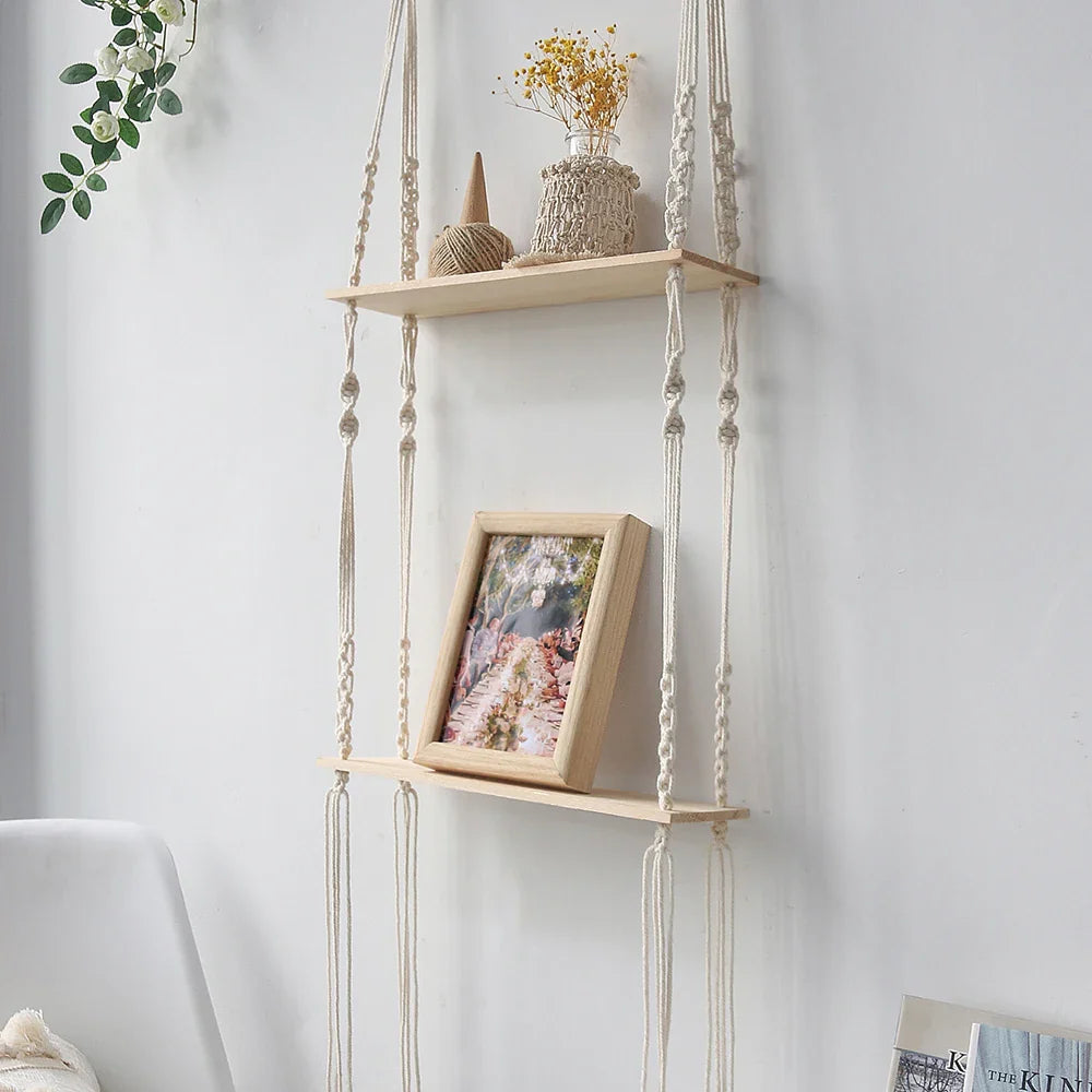 Wooden Wall Shelf Macrame Display Stand Boho Art Home Decoration Floating Shelf Nordic Wall Decor Living Room Nursery Aesthetics - NestFlora