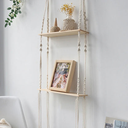 Wooden Wall Shelf Macrame Display Stand Boho Art Home Decoration Floating Shelf Nordic Wall Decor Living Room Nursery Aesthetics - NestFlora