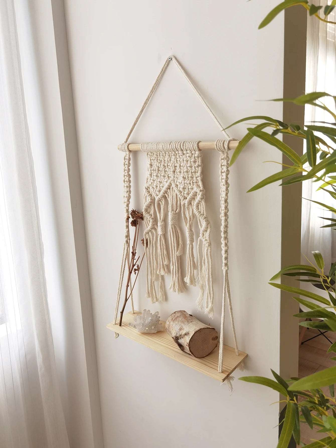 Macrame Wall Shelf Wood Floating Shelves Flower Pot Display Stand Hanging Wall Boho Home Decoration Living Room Decors Aesthetic - NestFlora