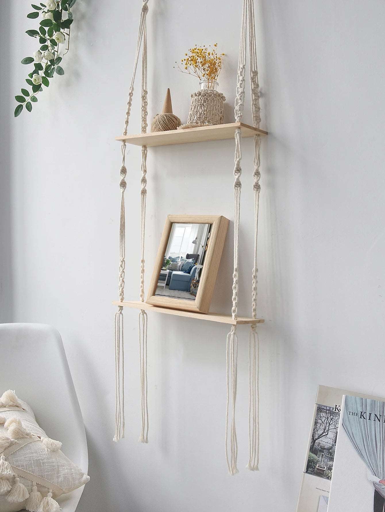 Wooden Wall Shelf Macrame Display Stand Boho Art Home Decoration Floating Shelf Nordic Wall Decor Living Room Nursery Aesthetics - NestFlora