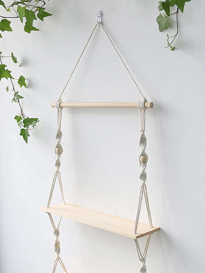 Wooden Wall Shelf Macrame Display Stand Boho Art Home Decoration Floating Shelf Nordic Wall Decor Living Room Nursery Aesthetics - NestFlora