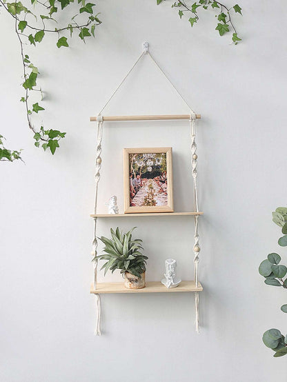 Wooden Wall Shelf Macrame Display Stand Boho Art Home Decoration Floating Shelf Nordic Wall Decor Living Room Nursery Aesthetics - NestFlora