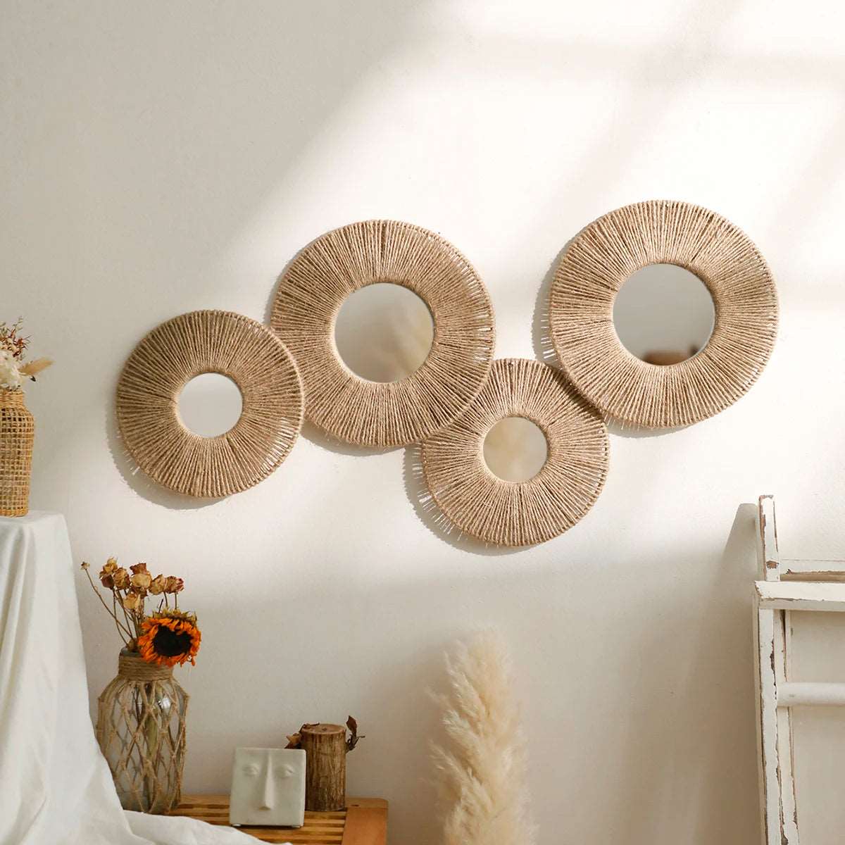 Round Wall Mirror Hanging Decorative Mirrors With Woven Hemp Rope Boho Mirrors for Bedroom Living Room Bathroom Wall Decor Gift - NestFlora