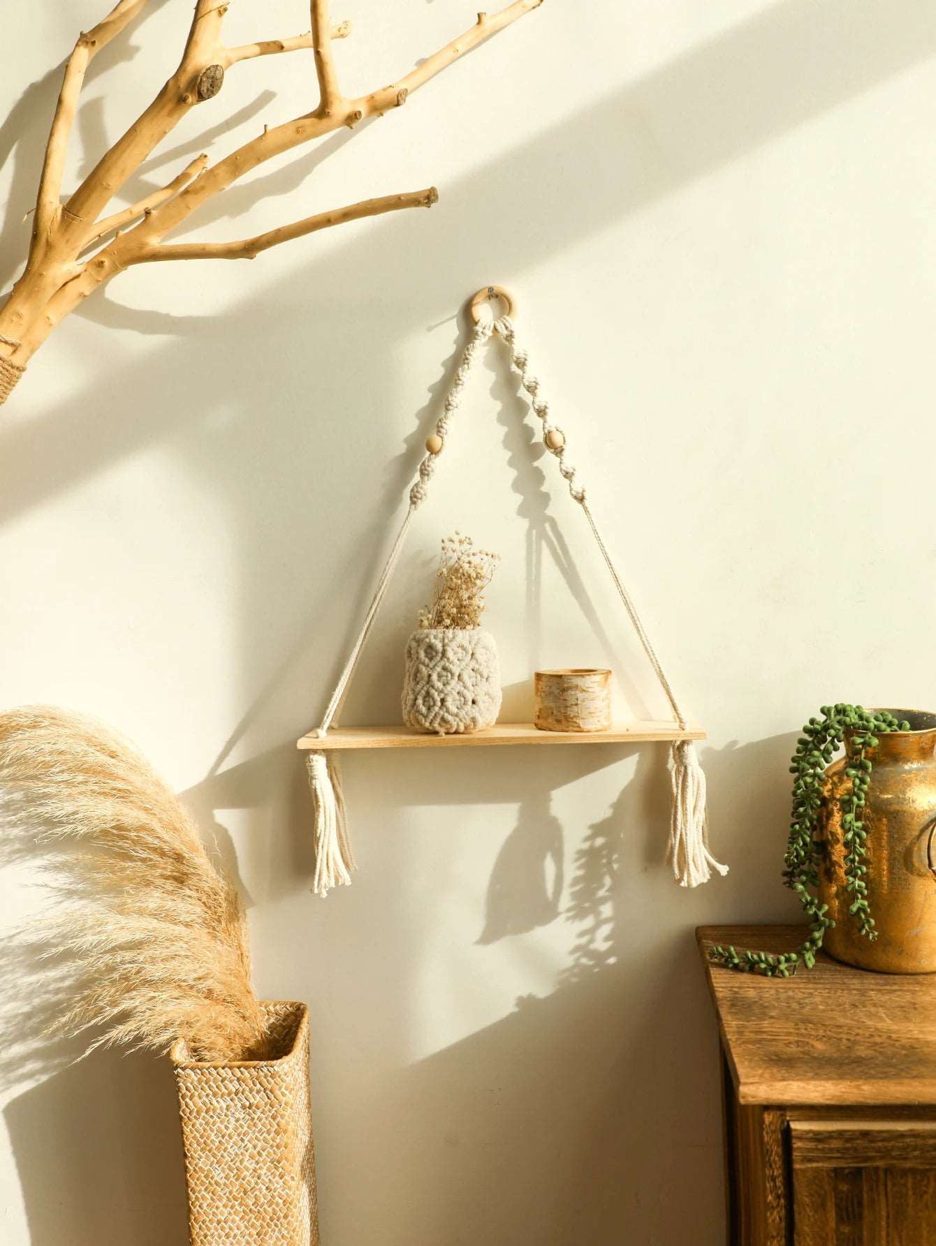 Wood Wall Shelf Macrame Floating Wall Shelf Hanging Shelves Plant Corner Holder Display Stand Room Decor Boho Home Decoration - NestFlora