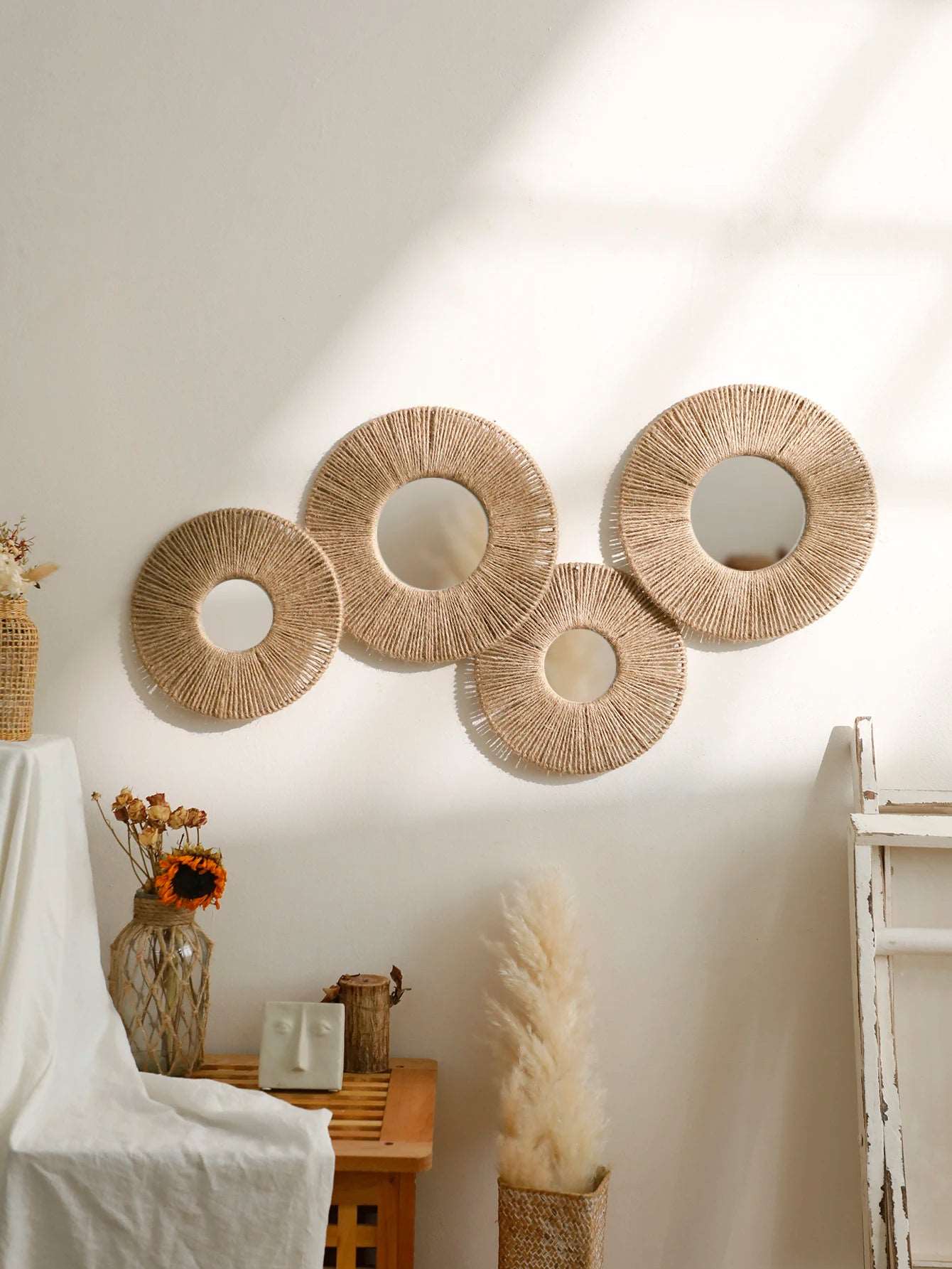 Round Wall Mirror Hanging Decorative Mirrors With Woven Hemp Rope Boho Mirrors for Bedroom Living Room Bathroom Wall Decor Gift - NestFlora