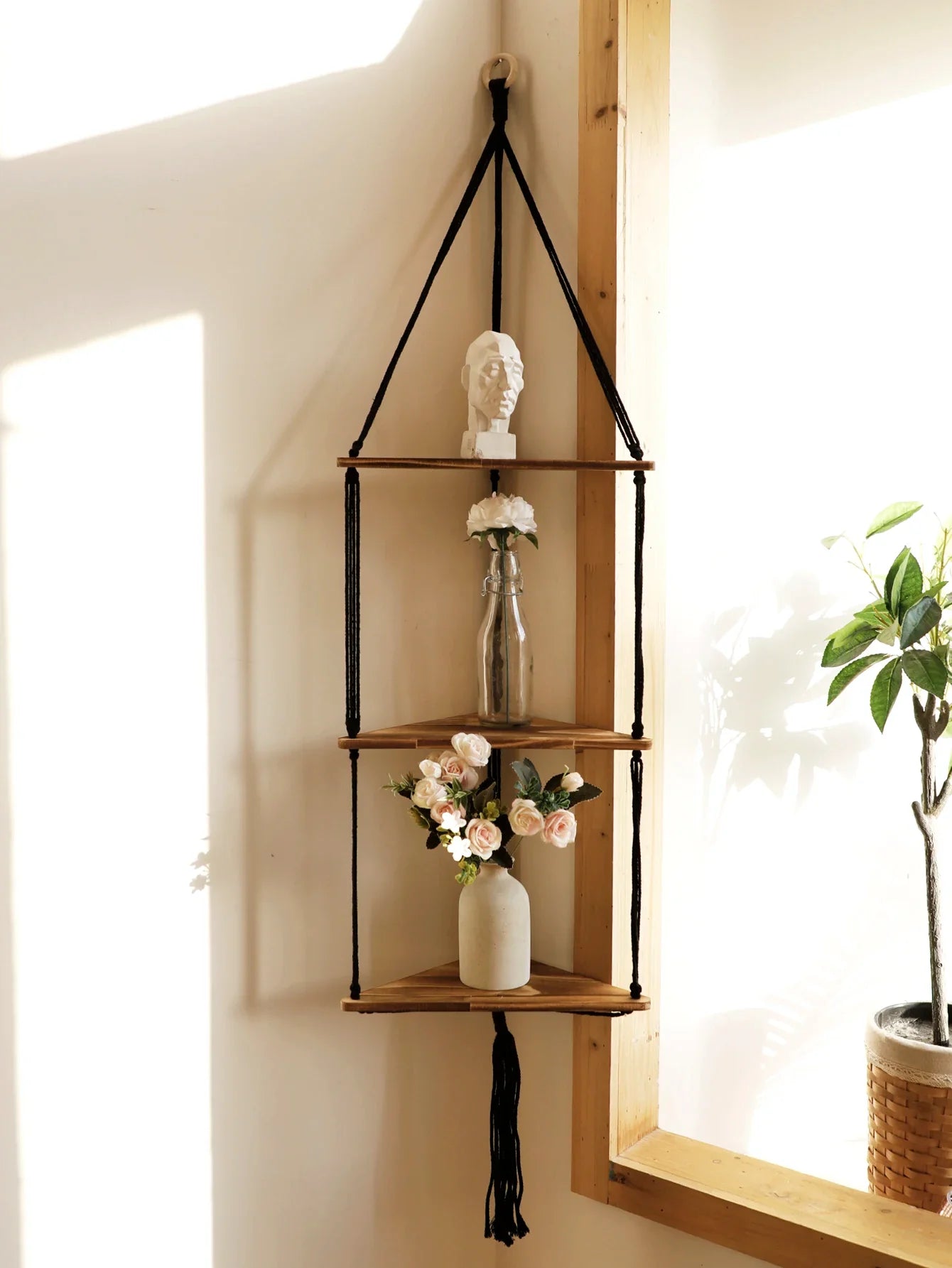 1/2/3-tier Floating Wall Shelf Wood Triangle Corner Display Stand Boho Home Decoration Living Room Bedroom Wall Hanging Decor - NestFlora