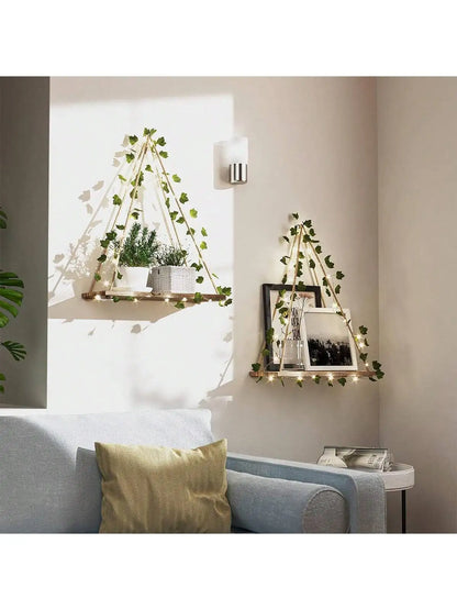 Wood Shelf with Leaf Hanging Decoration LED Shelf Decor Aesthetic Room Decor Floating Shelves Wall Display Stand for Living Room - NestFlora