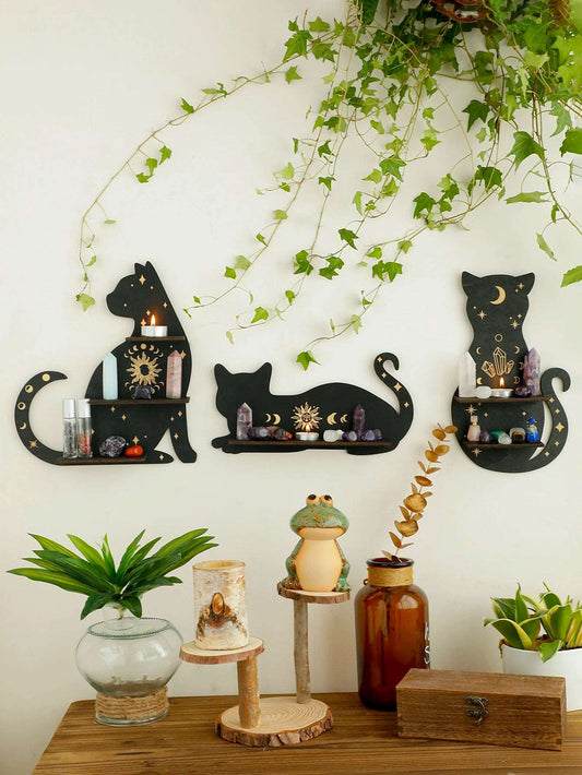 Black Cat Wooden Shelf Moon Phase Floating Shelf Chakra Crystal Holder Stone Display Stand Wall Decor Witchy Home Decorations - NestFlora