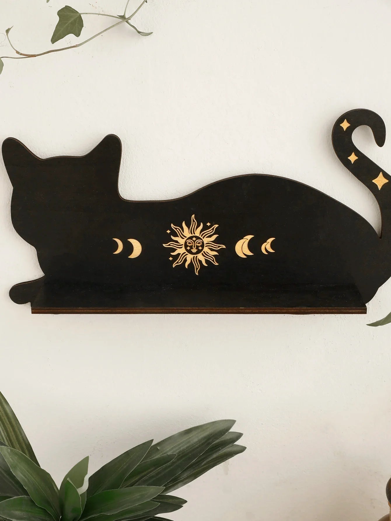 Black Cat Wooden Shelf Moon Phase Floating Shelf Chakra Crystal Holder Stone Display Stand Wall Decor Witchy Home Decorations - NestFlora