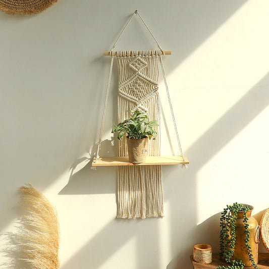 Macrame Wall Shelf Wood Floating Shelves Flower Pot Display Stand Hanging Wall Boho Home Decoration Living Room Decors Aesthetic - NestFlora